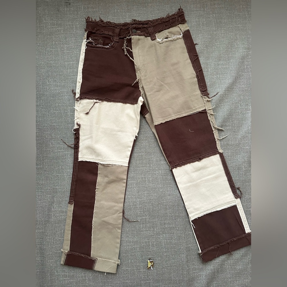 Patchwork Boyfriend Pants Brown Tan Cream Distressed Raw Edge Y2K Grunge Sz W 30 - Picture 2 of 16
